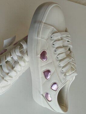 TRUE Cushionaire Women's Shoes Size 8.5 M White Sneakers Metallic Pink Hearts NE
